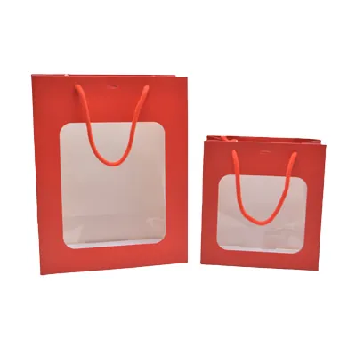 Sac pelliculé rouge mat à fenêtre 18 x 8 x 19 cm poignées cordelettes - Lot de 20 - Sacs pelliculés poignées cordelette-2