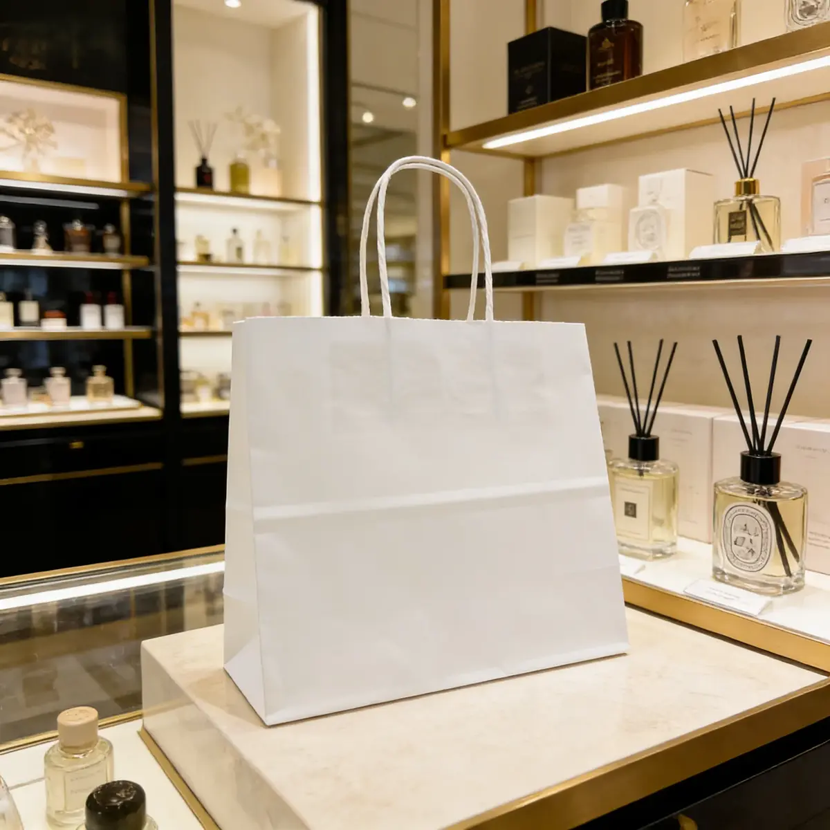 Sac kraft blanc poignées torsadées 24 x 10 x 21 cm 100g/m² – Sac papier blanc - Carton de 100 - Sacs kraft blanc poignées torsadées-1