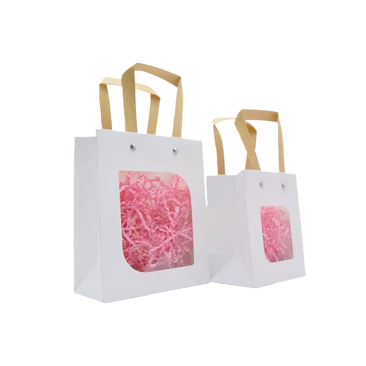 Sacs cadeaux kraft blanc à fenêtre et poignées brunes 15 x 7,6 x 18,5 cm – Paquet de 20 - Sacs kraft à fenêtre-1