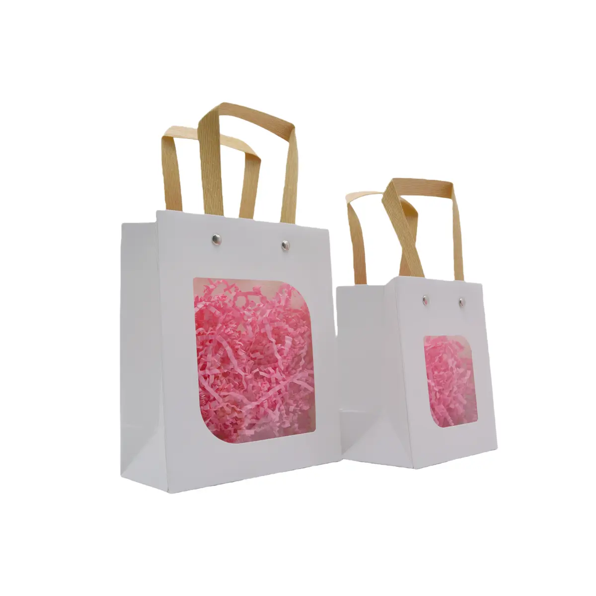 Sacs cadeaux kraft blanc à fenêtre et poignées brunes 15 x 7,6 x 18,5 cm – Paquet de 20 - Sacs kraft à fenêtre-1