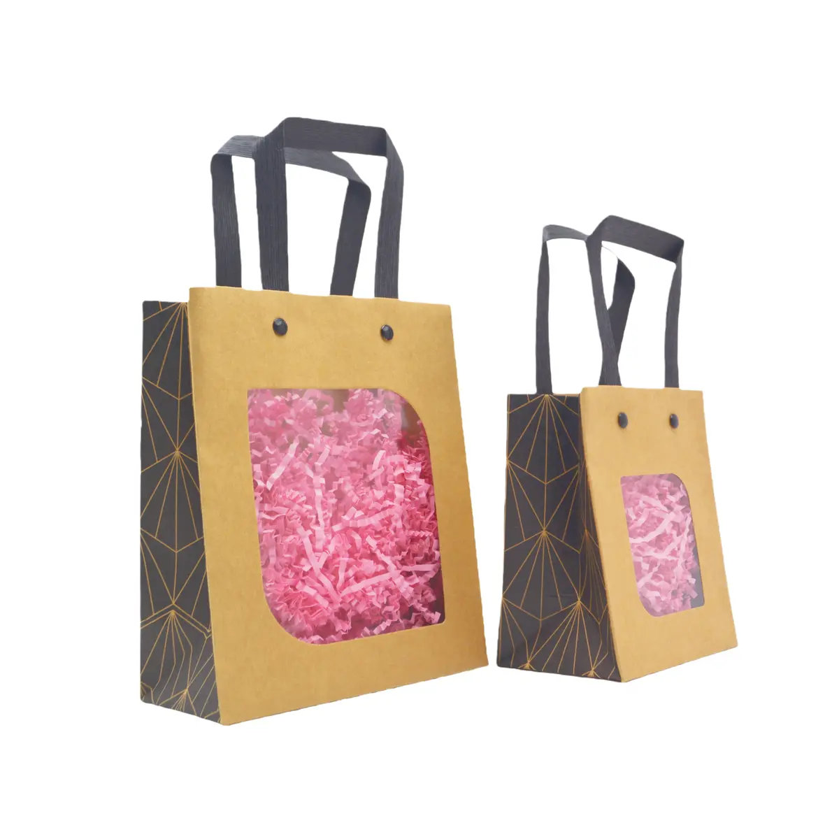 Sacs cadeaux kraft bruns à fenêtre, poignées noires 11 x 8 x 14 cm – Paquet de 20 - Sacs kraft à fenêtre-1