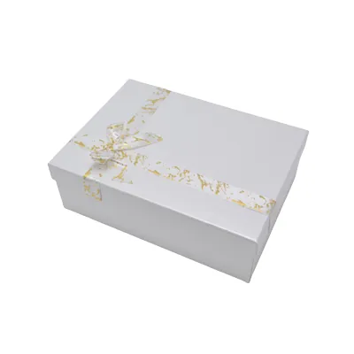 Boîte cloche cadeau blanc texturé, couvercle nœud or – 23 x 17 x 6,5 cm – Paquet de 4 - Boites cloches