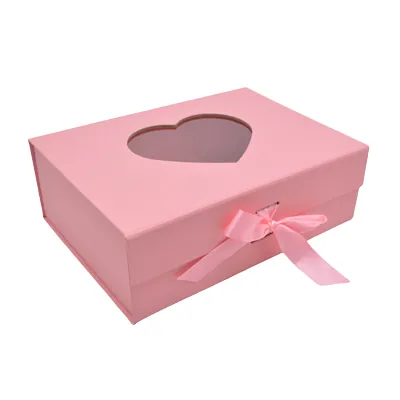 Boites cadeaux carton roses avec fenêtre cœur et ruban 28,2x20,2x9,2cm – Paquet de 5 - Boites cadeaux carton pliables
