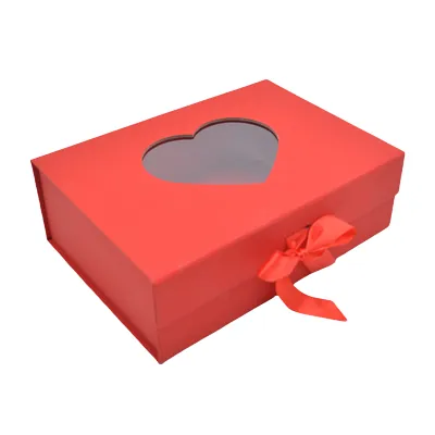 Boites cadeaux carton rouges avec fenêtre cœur et ruban 28,2x20,2x9,2cm – Paquet de 5 - Boites cadeaux carton pliables