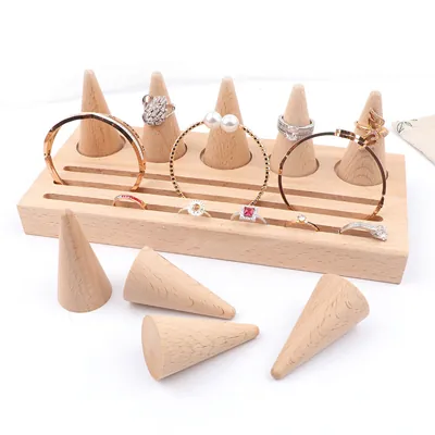 Plateau de présentation pour bagues bois 5 cônes + 3 rangées 22 x 10 x 7,7 cm - Présentoirs à bijoux multifonction-2