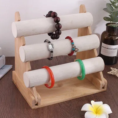 Présentoir bracelets 3 niveaux bambou / tissu 30 x 27 x 18,5 cm - Présentoirs bracelets et montres-1