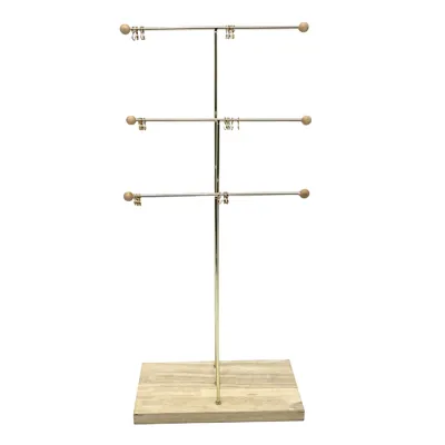 Présentoir bijoux 3 niveaux métal doré et bois – L 23 x P 12 x H 49,5 cm - Présentoirs à bijoux multifonction