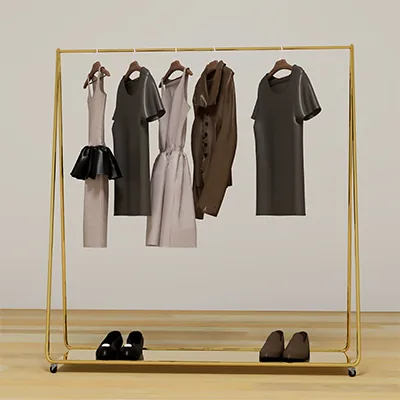 Portant vêtement droit fixe en métal doré 150 x 160 cm avec roulettes et tablette basse - Portants à vêtements droits-1