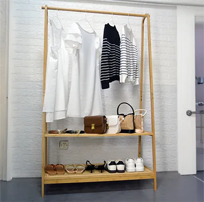 Portant vêtement bambou 100 x 48 x 170 cm avec 2 tablettes cannées – Portant penderie - Portants à vêtements droits-3