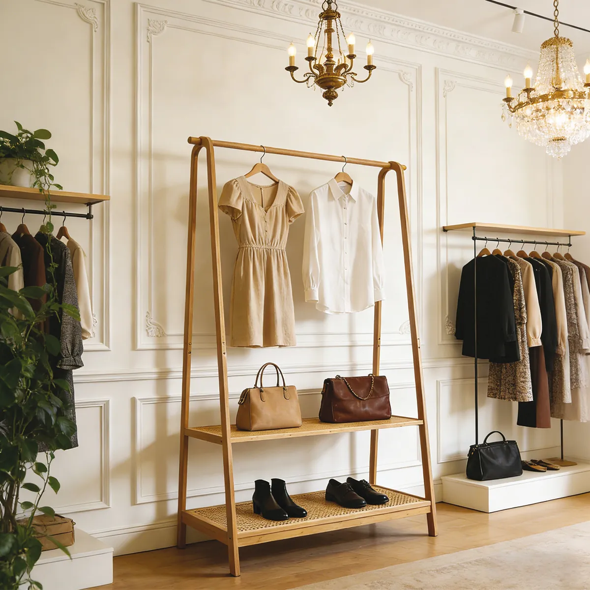 Portant vêtement bambou 100 x 48 x 170 cm avec 2 tablettes cannées – Portant penderie - Portants à vêtements droits-4