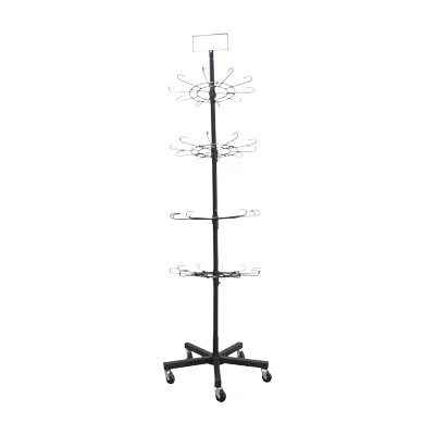Présentoir tourniquet rotatif métal noir 4 étages 185cm – Support boutique sur roulettes - Présentoirs divers