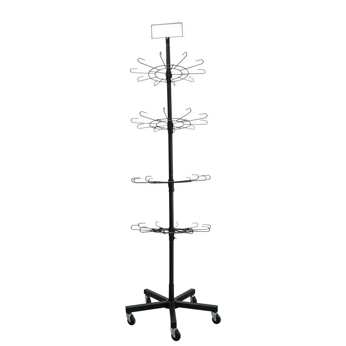 Présentoir tourniquet rotatif métal noir 4 étages 185cm – Support boutique sur roulettes - Présentoirs divers