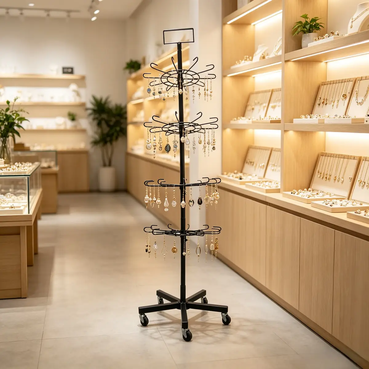 Présentoir tourniquet rotatif métal noir 4 étages 185cm – Support boutique sur roulettes - Présentoirs divers-4