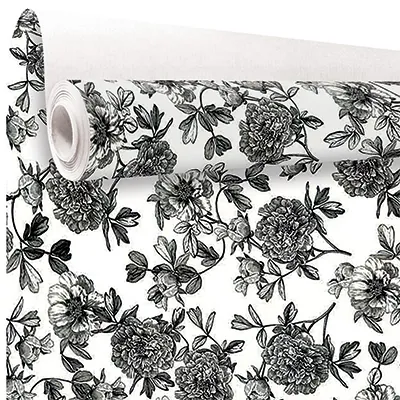 Papier cadeau fleurs dessinées noir & blanc 70 cm x 50 m 80 g/m² – Le rouleau - Papier cadeaux couchés à motifs-1