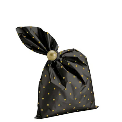 Pochette cadeau métallisée noire pois or Amore 25 x 40 cm - Sachet cadeau noir/or - Lot de 50 - Pochettes cadeaux métallisées