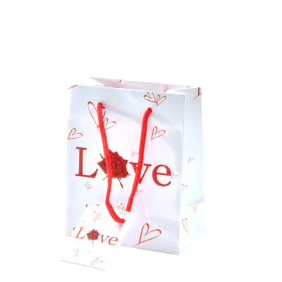 Sac cadeau papier pelliculé Love 11 x 6,2 x 13,7 cm - Sac Saint Valentin - Lot de 20 - Sacs pelliculés à motifs