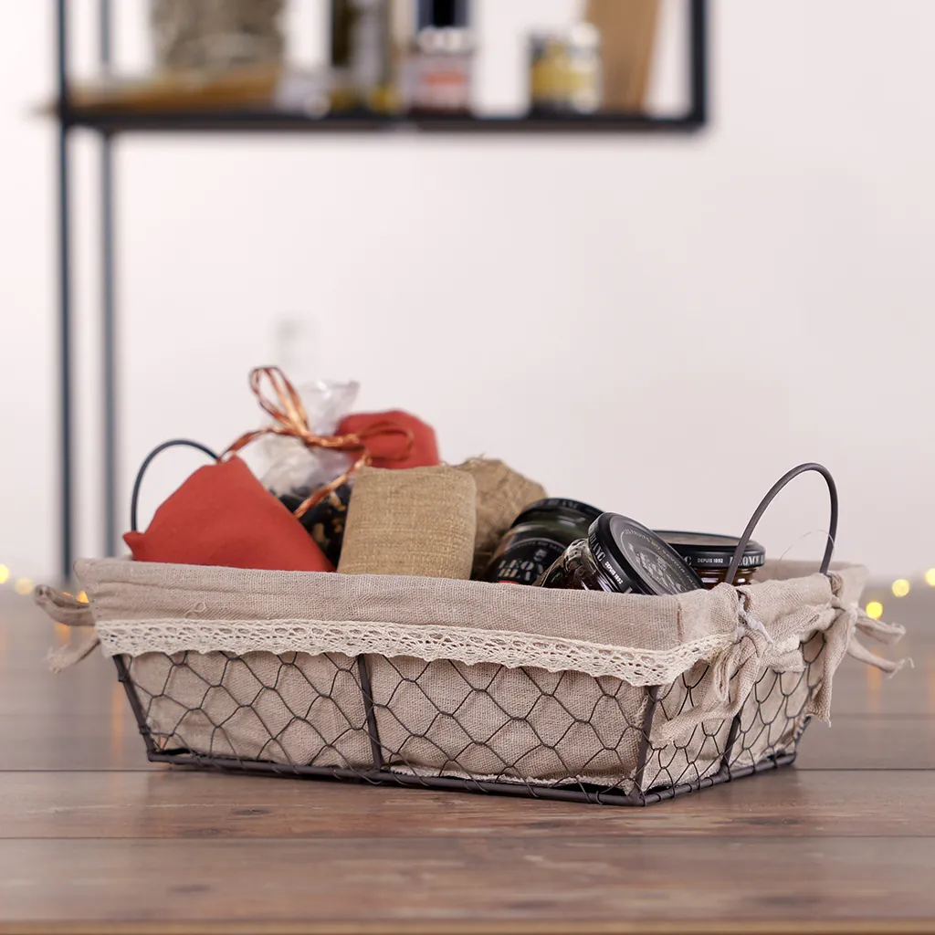 Corbeille métal rectangulaire marron tissu beige avec 2 anses 30 x 20 x 9 cm - Corbeilles métal-4
