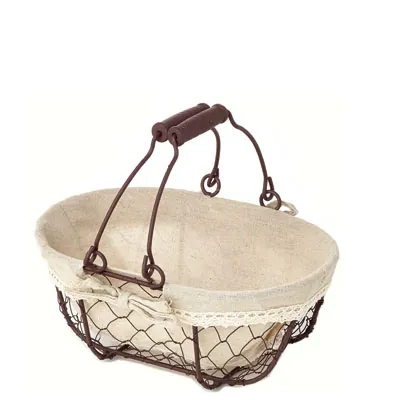 Panier métal ovale marron tissu beige avec 2 anses 24 x 16 x 10 cm - Paniers