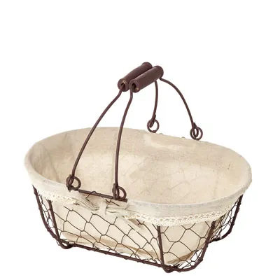 Panier métal ovale marron tissu beige avec 2 anses 30 x 21 x 12 cm - Paniers