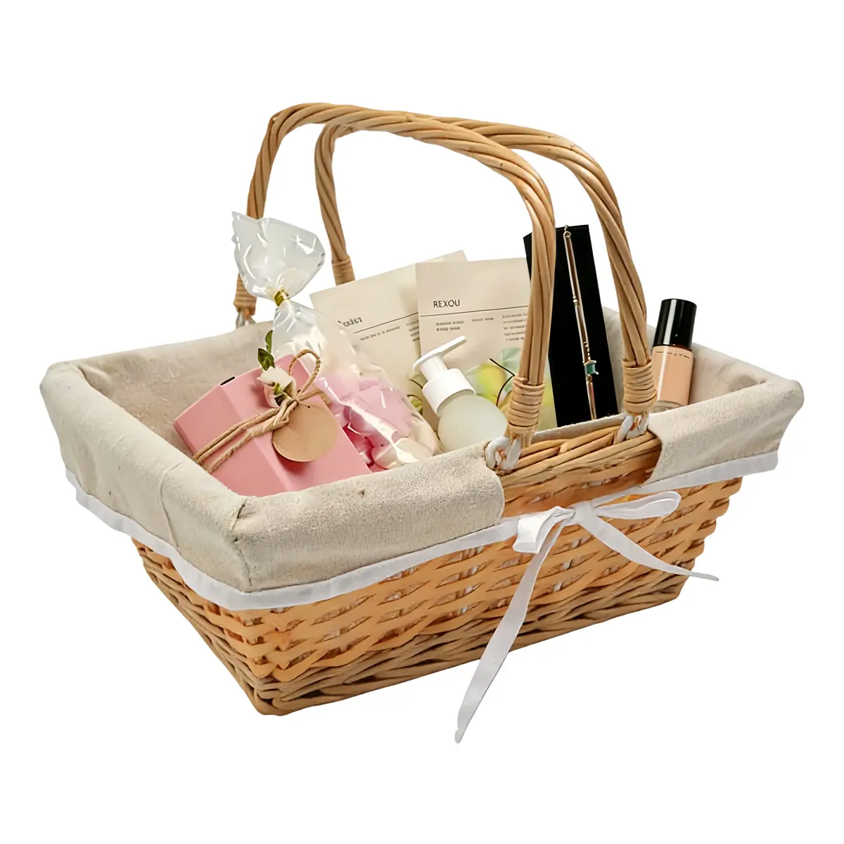 Panier en osier avec double anses et tissu beige 35 x 27 x 13 cm - Paniers-3