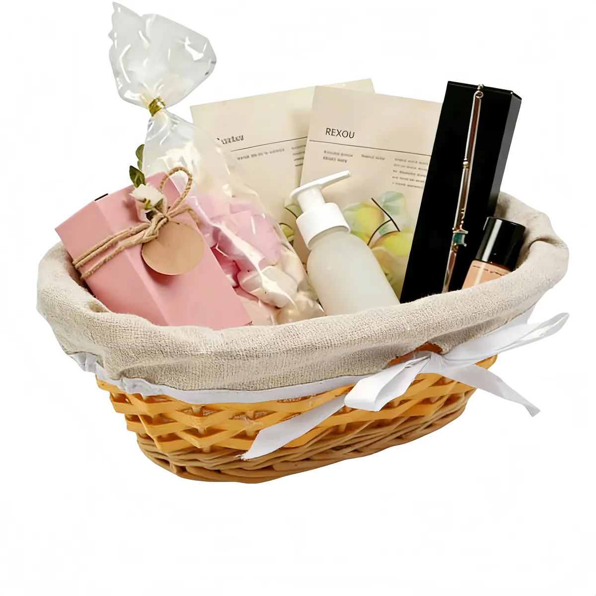 Corbeille osier ovale avec tissu beige 22,5 x 14 x 9 cm - Panier osier ovale avec tissu - Corbeilles osier-1