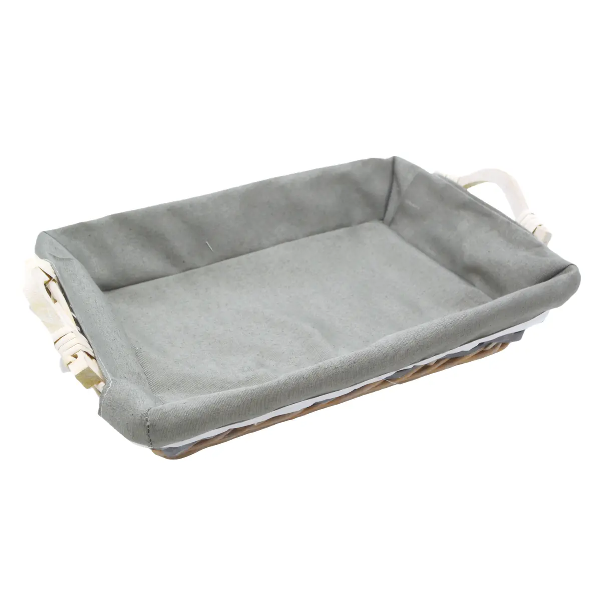 Corbeille osier rectangulaire avec tissu gris et poignées bois 38 x 27 x 8 cm - Panier osier rectangulaire avec tissu et poignées - Corbeilles osier-1