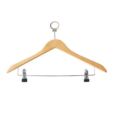 Cintre antivol bois naturel avec barre et clips métal 44,5 cm - Cintre professionnel - Lot de 8 - Cintres bois