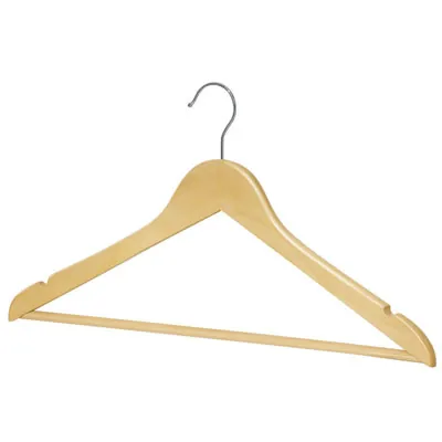 Cintre bois naturel avec barre et encoches 44,5 cm - Cintre chemise - Cintre costume - Lot de 3 - Cintres bois