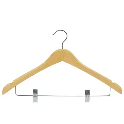 Cintre à pinces bois naturel antidérapant avec barre et encoches 44,5 cm - Cintre jupe - Cintre pantalon - Lot de 3 - Cintres à pinces