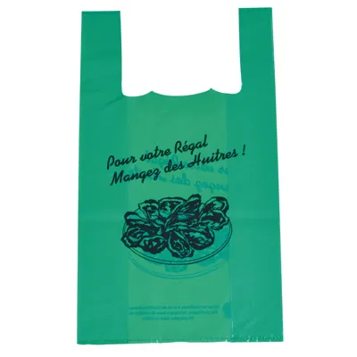 Sac bretelle réutilisable Huîtres vert spécial 27 + 14 x 50 cm PEBD - Sac Huître - Lot de 500 - Sacs plastique à motifs alimentaires