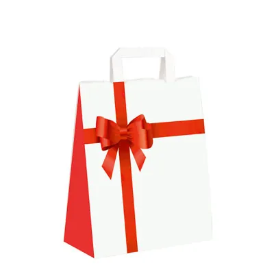 Sac cadeau blanc noeud rouge poignées plates 22 x 10 x 29 cm - Sac cadeau papier - Lot de 50 - Sacs kraft à motifs