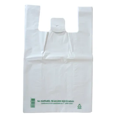 Sac bretelle plastique réutilisable blanc PEBD 50L 50μ 55 x 20 x 90 cm - Lot de 100 - Sacs plastique bretelles-1