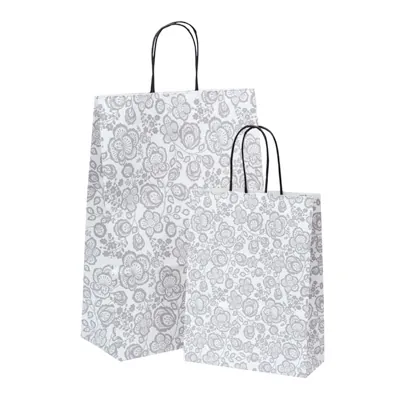 Sac cadeau motif floral gris / blanc poignées noires 18 x 8 x 24 cm - Sac cadeau papier - Lot de 50 - Sacs kraft à motifs-1