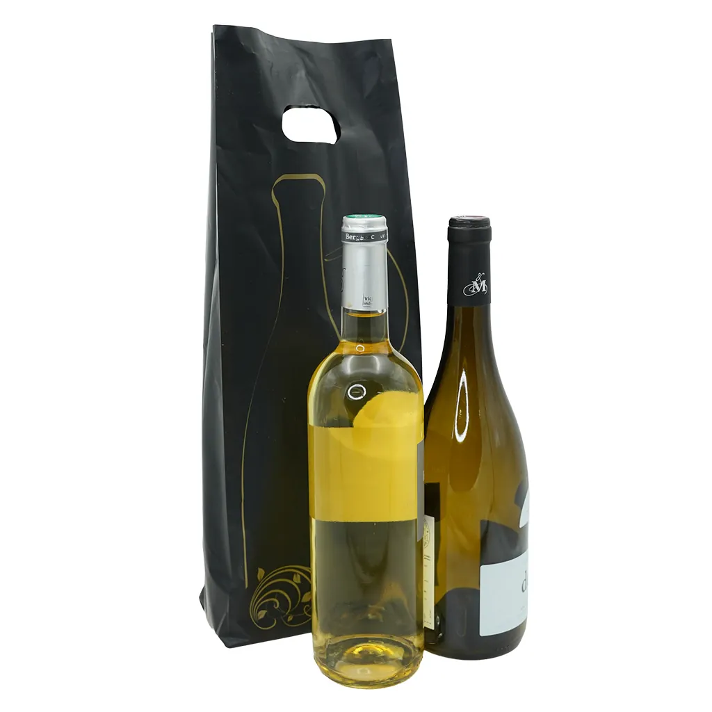 Sac 2 bouteilles plastique noir / or - 16 + 8 x H 46 cm - Paquet de 50 - Sacs pour bouteilles de vin-3