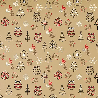 Papier cadeau Oriane kraft brun décor Noël rouge 70 cm x 50 m 60 g/m² - le rouleau - Papiers cadeaux kraft à motifs