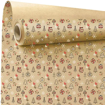 Papier cadeau Oriane kraft brun décor Noël rouge 70 cm x 50 m 60 g/m² - le rouleau - Papiers cadeaux kraft à motifs-1