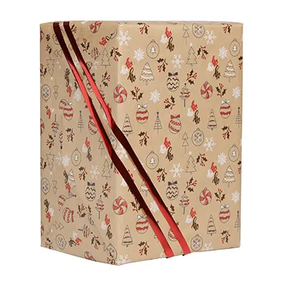 Papier cadeau Oriane kraft brun décor Noël rouge 70 cm x 50 m 60 g/m² - le rouleau - Papiers cadeaux kraft à motifs-2