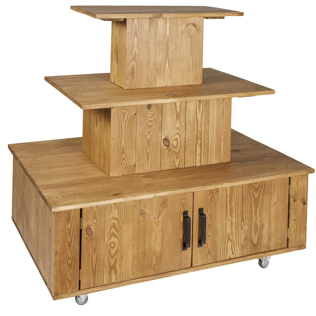 Présentoir central à roulettes 3 niveaux bois massif 119 x 79 x 110 cm - Podium de présentation mobile - Podiums