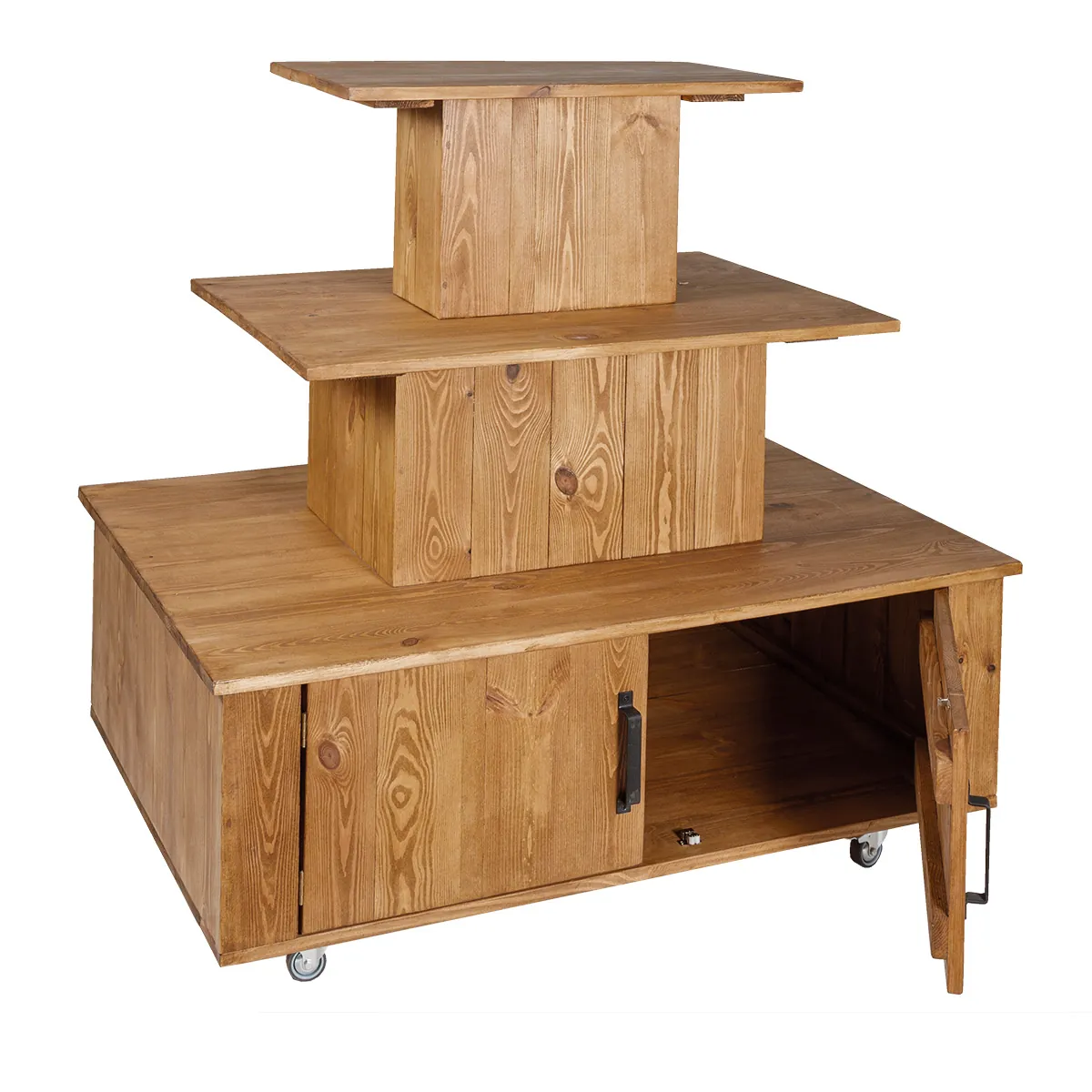 Présentoir central à roulettes 3 niveaux bois massif 119 x 79 x 110 cm - Podium de présentation mobile - Podiums de présentation, Présentoirs 3 niveaux-1