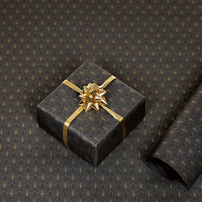 Papier cadeau Art Déco couché blanc 70 cm x 50 m, noir / or, 80 g/m² - Papier cadeaux couchés à motifs-1