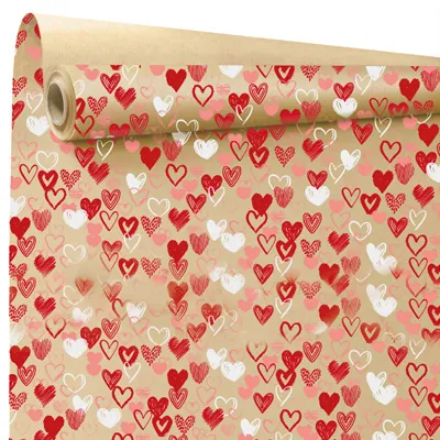 Papier cadeau kraft brun coeurs rouges et blancs My love 60 g - Rouleau de 70 cm x 50 m - Papiers cadeaux kraft à motifs-1