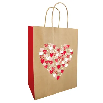 Sac cadeau kraft brun coeurs rouges My Love 18 x 8 x 22 cm - Sac Saint Valentin - Lot de 50 - Sacs kraft à motifs