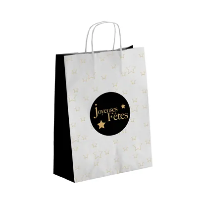 Sac cadeau Noël Joyeuses Fêtes kraft blanc / noir / or 25 + 12 x 31 cm - Paquet de 50 - Sacs kraft à motifs