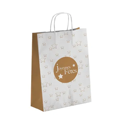 Sac cadeau Noël Joyeuses Fêtes kraft blanc / cuivre 25 + 12 x 31 cm - Paquet de 50 - Sacs kraft à motifs