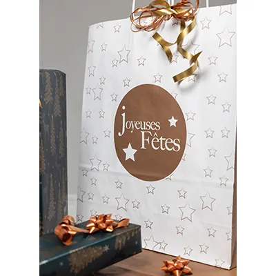 Sac cadeau Noël Joyeuses Fêtes kraft blanc / cuivre 25 + 12 x 31 cm - Paquet de 50 - Sacs kraft à motifs-1