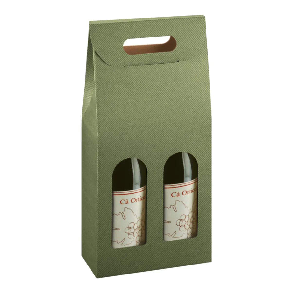 Boîte carton 2 bouteilles à fenêtre 18 x 9 x 38,5 cm Vert - Étui 2 bouteilles - Coffret 2 bouteilles - Paquet de 10 - Coffrets pour bouteilles de vin, Boîtes pour bouteilles de vin-1
