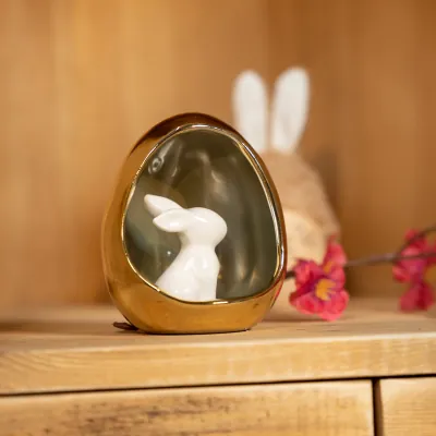 Lapin blanc céramique dans oeuf métal or 9 x 8,5 x 10,3 cm - Déco de Pâques - Accessoires et Objets déco-2