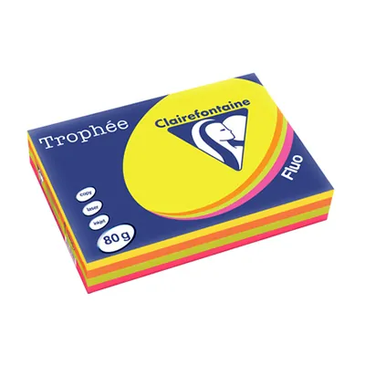 Papier A4 couleurs fluo assorties 80g Clairefontaine Trophée - Ramette de 500 feuilles - Papier imprimante
