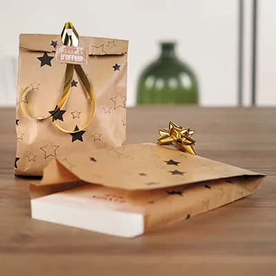 Pochette cadeau Noël papier kraft Étoiles 15 + 9 x H 26 cm - Lot de 250 - Pochettes cadeaux à motifs-1