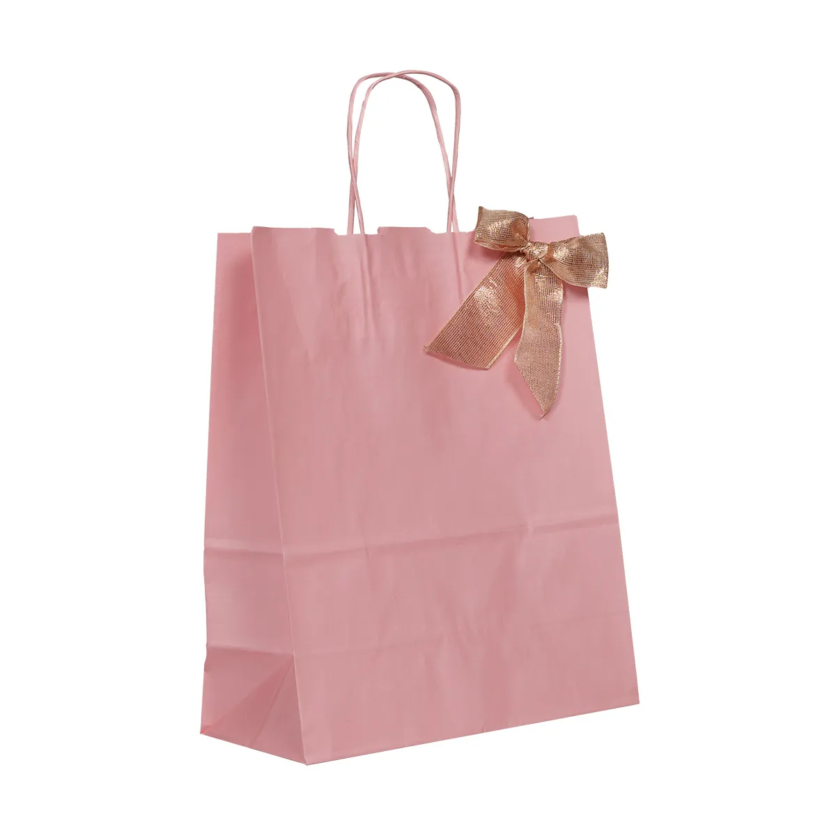 Sac kraft rose poudré à poignées torsadées – L 24 + 12 x H 31 cm – 90 g/m² – Paquet de 50 - Sacs kraft couleur poignées torsadées
